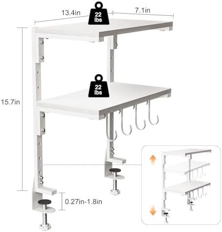 2-Tier Clamp On Desk Shelf, Clamp on Desk Shelf, 13 inch Adjustable Above or Under Wood Desk Storage Shelves, Heavy Duty Desktop Organizer for Working and Gaming Accessories, White - Image 3