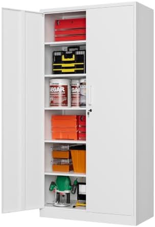 MIIIKO Metal Storage Cabinet with Lock, 71” Steel Storage Cabinet with 2 Doors and 5 Adjustable Shelves for Home Office,Garage(White) by MIIIKOOfficeFurniture