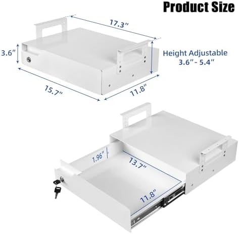 Under Desk Drawer Storage with Lock, Metal Undermount Table Drawer, Ball Bearing Slides Out Tray Organizer for Paper, Pencil, and Laptop 17.3"x11.8"x5.4", White with Adjustable Brackets - Image 2