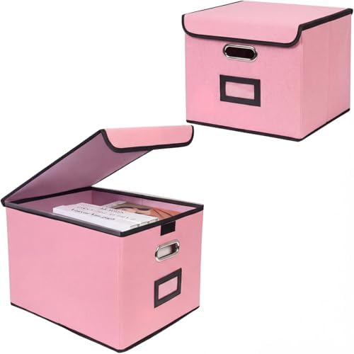 File Storage Box with Lid, 15.55x12.87x10.43 Inches, Foldable Organizer with Handles & Label Slot, for File Storage, Home, Office, and Closet Organization(2 Packs, Pink) by TCbelosion