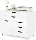 GIANTEX File Cabinet, Rolling Lateral Filing Cabinet with Wheels, 5 Drawers, Load 220 Lbs, Office Craft Storage Organization, Mobile Storage Organizer, Printer Stand for Home Office (White) by Giantex