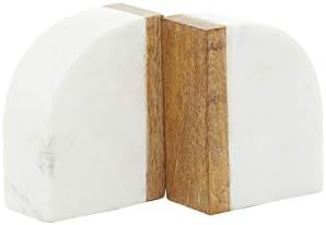 Deco 79 Marble Decorative Bookends 5 lbs Non Skid Bookends with Wood Details, Set of 2 Office Bookends4"W, 5"H, White - Image 3