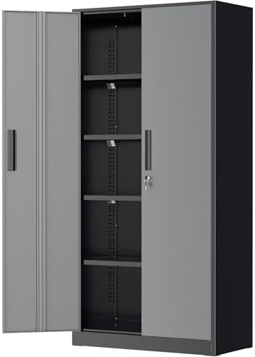 Greenvelly Metal Garage Storage Cabinet with Lock, 72”Metal Storage Cabinet with 2 Doors and 4 Adjustable Shelves, Steel Tool Cabinet for Garage,Home Office, School,Gym (Black Grey) by Greenvelly