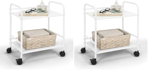 SunnyPoint 2-Tier Metal Rolling Utility Cart – Mobile Storage Shelf with Caster Wheels – Small Space Organizer for Home, Office, Bedroom, Kitchen (WHT) (Pack of 2) by SunnyPoint