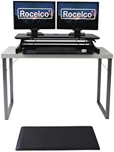 Rocelco 37.5" Deluxe Height Adjustable Standing Desk Converter with Anti Fatigue Mat BUNDLE - Quick Sit Stand Up Computer Workstation Riser - Large Retractable Keyboard Tray - Black (R DADRB-MAFM) - Image 2