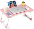 FISYOD Foldable Laptop Table, Portable Lap Desk Bed Table Tray, Laptop Stand with Cup Holder & Tablet Slot & Lifting Handle for Working Writing Drawing & Eating (Light Pink) by FISYOD