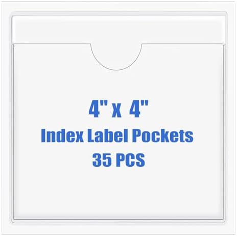 Origin-Joy 35 PCS Self Adhesive Index Card Pockets with Top Open, Clear Plastic Label Holder for Cards of Note, Library and Business, Adhesive Label Pockets & Card Holder (4 x 4 inch) by Origin-Joy