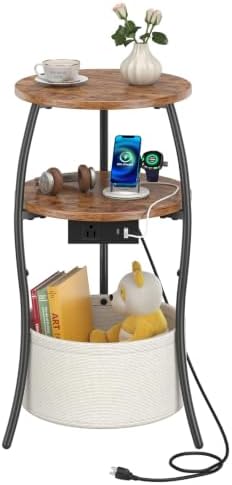 sthemc 3-Tier Small Round End Table Livingroom with Charging Station,Basket by Unknown