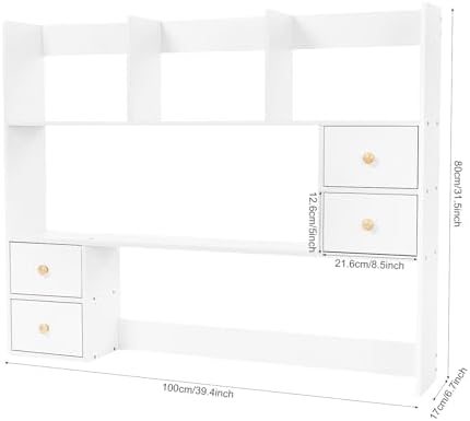 Desktop Bookshelf, 39" Desk Hutch with 3 Tier Storage Shelf & 4 Cabinets, 3-Tier Wood Desktop Organizer Rack with Open Compartments for Books, Files, Decorations, Home Office, Study Room & Dorm, White - Image 2