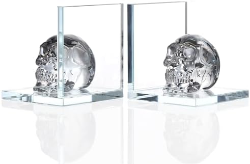 Glass Skull Book Ends for Shelves with Black Crystal Skulls by Ornalrist