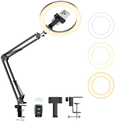 Upgrade Ring Light with Stand, Overhead Phone Mount for Desk, 10” Selfie Light with Stand Tripod for iPhone, Light with Phone Holder for Video Recording,Zoom Meeting,Live Streaming Tiktok,YouTube by LUXSURE