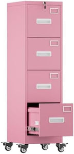 Aobabo 4 Drawer Metal File Cabinet with Lock and Wheels, Pink by Aobabo