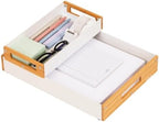 Mind Reader Metal and Wood Tiered Desktop Organizer Trays with Cutout Handles, Stackable Office Storage, Office, Entryway, Coffee Station and Home Organization, Metal and Wood, Set of 2, White by MindReader