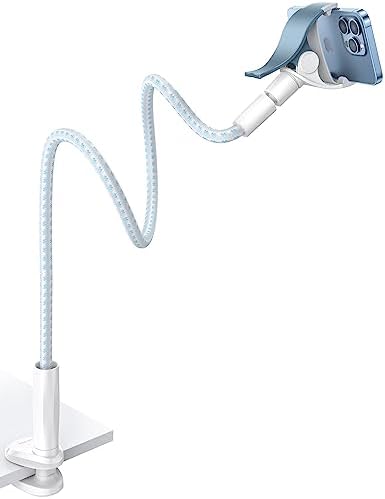 Aomiker Gooseneck Phone Holder for Bed - [Upgrade Nylon Braid] 38” Flexible Lazy Arm Clip, 360 Adjustable Overhead Phone Mount for iPhone 16 15 14 13 12 11 Pro Max Mini Plus, 4-7" Cellphone - White by Aomiker