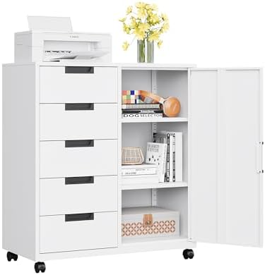 MIIIKO 5 Drawer Storage Cabinet with Door and Shelf, Mobile Lateral Cabinet on Wheels, Office Small Organizer Printer Stand, White File Cabinets by MIIIKOOfficeFurniture