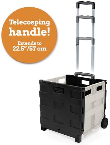 Inspired Living Ultra-Slim Rolling Collapsible Storage Pack-N-Roll Utility-carts, with Telescopic Handle, for Home, Garden, Shopping, Office, School use, Medium, White & Black - Image 4