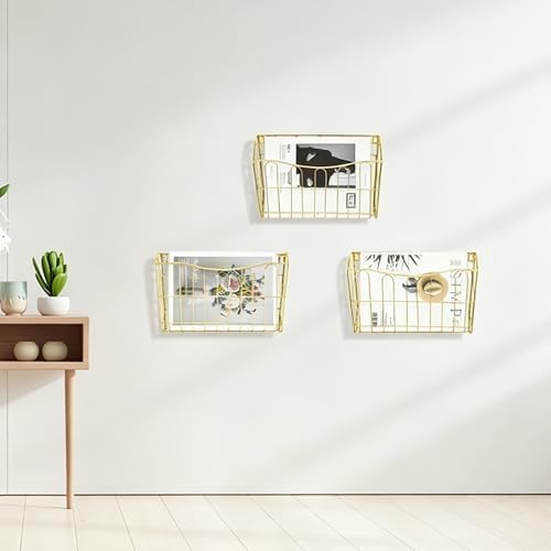 TQVAI Hanging Wall File Organizer 3 Pack, Gold Metal Wall Mounted File Holder, No Assembly Required, Curved Pocket Paper Document Rack for Office Home School Magazine Mail Storage - Image 7