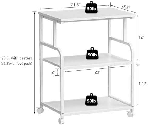 3-Tier Large Printer Stand with Storage, Rolling Printer Cart with Lockable Wheels for Home, Office (White) - Image 3
