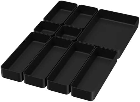 Black Bathroom Drawer Organizer Trays: 9 PC Stackable Desk Organizers Bin by CHANCETSUI