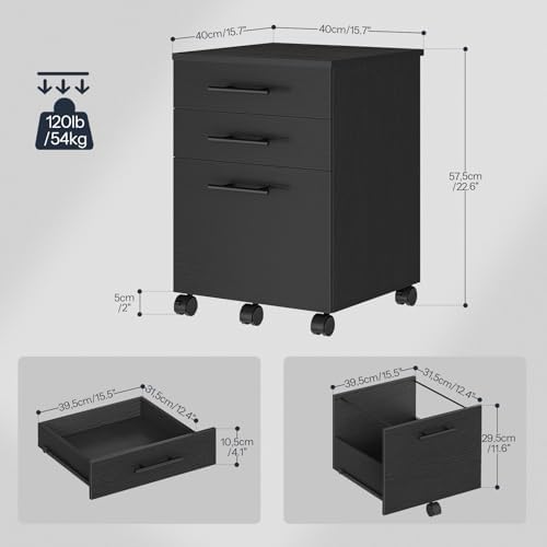 HOOBRO 3-Drawer File Cabinet, Wooden Under Desk Filing Cabinet, fits A4/Letter Size for Home Office, Small Rolling Storage Drawer Chest, Printer Stand with Drawers, Black BK02WJ01G1 - Image 3
