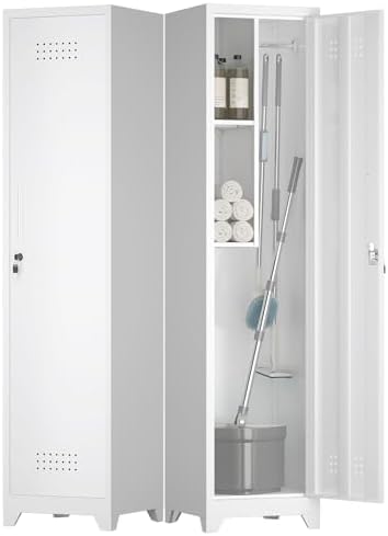 Slim Broom Closet Storage Cabinet, 65" H Metal Cabinets with Lock and Shelves & S-Hooks, Utility Storage Cabinet for Mop, Narrow Storage Cabinets for Pantry, Bathroom, Garage, White by FATIGOSstoragecabinet