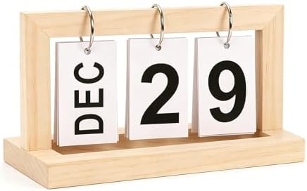 Wooden Perpetual Flip Calendar for Desk—Natural Wood Texture—Vertical Page Flipper with Metal Ring—Reusable Daily Date Tracker for Home Office Study Bedroom Shelf - Image 2