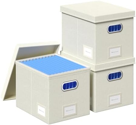 File Organizer Box - File Boxes for Hanging Files with Lid Set of 3 Decorative Hanging Folders Organizer with One-Piece Plastic Frame Slides (Beige White, 13.2 * 10.1 * 10.1in(3Pack)) by FileOrganizerBoxeswithLid