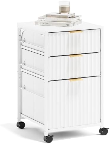 VINGLI 3 Drawer Fluted File Cabinet, Rolling File Cabinet Mobile Under Desk File Cabinet with Wheels, Fabric Drawers Printer Stand for Home Office, Fits Letter Size, White by VINGLI
