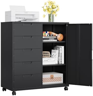 MIIIKO 5 Drawer Storage Cabinet with Door and Shelf, Mobile Lateral Cabinet on Wheels, Office Small Organizer Printer Stand, Black File Cabinets by MIIIKOOfficeFurniture