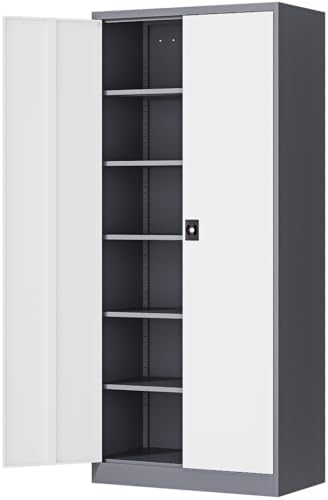Fesbos Metal Storage Cabinet-71” Tall Steel File Cabinets with Lockable Doors and Adjustable Shelves-Gray&White Steel Storage Cabinet for Home,Kitchen, School, Office, Garage by Fesbos