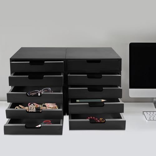 Wooden Desktop Drawer Organizer,with 10 Drawers,Tabletop Storage Cabinet Box Drawers,Modern Desk Craft Organization for Home,Office,Bedroom,Compact Size 24.8x17cm (Black) - Image 2