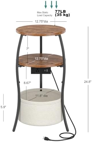 sthemc 3-Tier Small Round End Table Livingroom with Charging Station,Basket - Image 3