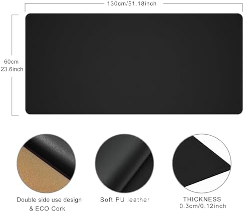 Chihein 51” x 24” Cork & PU Leather Desk Mat (Black) - Large Mouse Pad, Double Sided Waterproof Desk Pad Protector for Gaming, Office, Home - Image 2