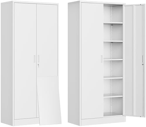 CJF 71" H Metal Storage Cabinet, Locking Cabinet with 2 Doors and 5 Adjustable Shelves, White Tall Cabinet for Garage, Home, Office, Pantry, Workshop, School by CJF