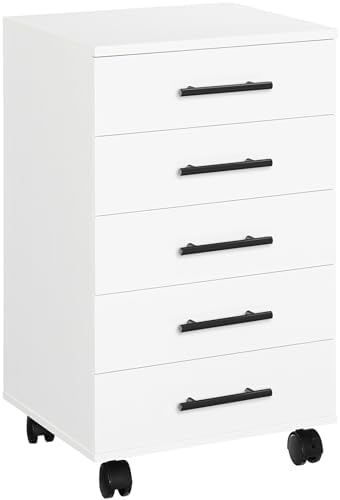 HOOBRO 5-Drawer File Cabinet, Office Filing Cabinet with Drawers, Wooden Mobile Storage Cabinet with Wheels, for Makeup, Home Office, Easy Assembly, White WT05WJ01G1 by HOOBRO