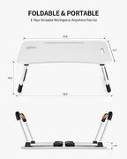 FISYOD Foldable Laptop Table, Portable Lap Desk Bed Table Tray, Laptop Stand with Cup Holder & Tablet Slot & Lifting Handle for Working Writing Drawing & Eating (White) - Image 6