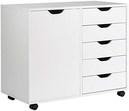GIANTEX File Cabinet, Mobile Lateral Filing Cabinet with 5 Drawers &1 Door, Wheels, Rolling Storage Organizer for Home Office, Study Room (31”x 15.5” x 25.5”, White) by Giantex
