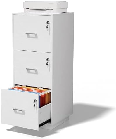 VINGLI 3 Drawer File Cabinet with Lock, Home Office Filing Organizer, for Letter Size File Folder Storage, Wood Tall Vertical Filing Cabinet, Printer Stand, Archivador (White) by VINGLI