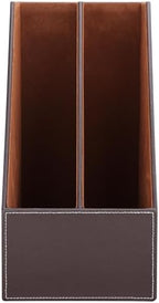 KINGFOM Wooden Leatherette Desktop File Folder Organizer and Document File Stand Journals Magazine Rack 2 Slots (brown) - Image 4