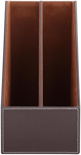 KINGFOM Wooden Leatherette Desktop File Folder Organizer and Document File Stand Journals Magazine Rack 2 Slots (brown) - Image 4