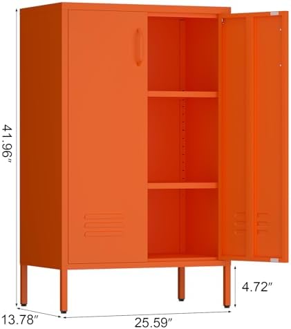 IRONFFICE Metal Storage Cabinets, Orange Cabinets with Adjustable Shelves, Steel Locker with 2 Doors, Morden Accent Cabinet for Home Office, Living Room, Orange - Image 3