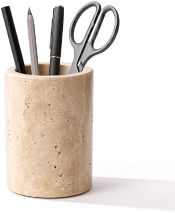 Travertine Stone Pen Holder for Desk, Handcrafted Volakas Sturdy Desk Organizer for Office Supplies Storage Desktop Stationary Makeup Brushes Cup Pencil Holders for Home Beige (WH101) by WORHE