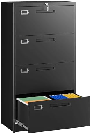 Letaya 4 Drawer File Cabinets with Lock,Metal Lateral Filing Storage Cabinet Printer Stand,Black Steel Home Office Cabinet for Hanging Files Letter/Legal/A4 Size (Black, H51.73×W28.35×D15.74) by LetayaMetalCabinets
