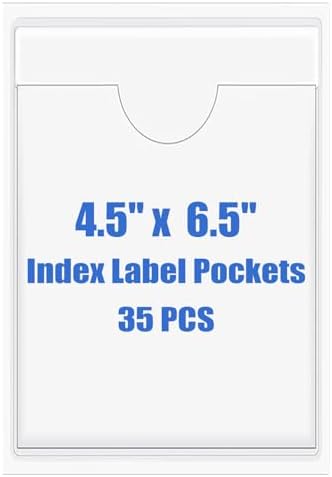 Origin-Joy 35 PCS Self Adhesive Index Card Pockets with Top Open, Clear Plastic Label Holder for Cards of Note, Library and Business, Adhesive Label Pockets & Card Holder (4.5 x 6.5 inch) by Origin-Joy