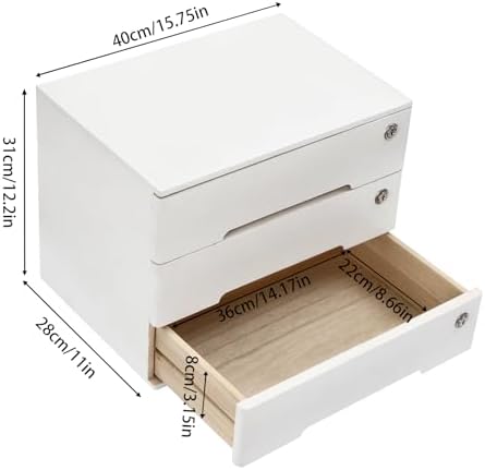 Wooden Desk Organizer with Lockable Drawers, 3-Tier Countertop Storage Cabinet File Cabinet Jewelry Organizer Home Office Supplies Organization Unit (White-3 Lock) - Image 3