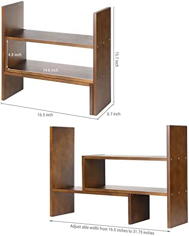 MyGift Adjustable Brown Solid Wood Desktop Storage Organizer Display Shelf Book Rack, Home Office Desk Decor Bookshelf - Image 3
