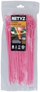 RETYZ 10-Inch Fluorescent Pink Reusable Releasable Cable Ties – 100 Pack, 50 lb Strength, Patented Quick-Release, Tool-Free Design for Home, Office, and Light Industrial Use - Image 2