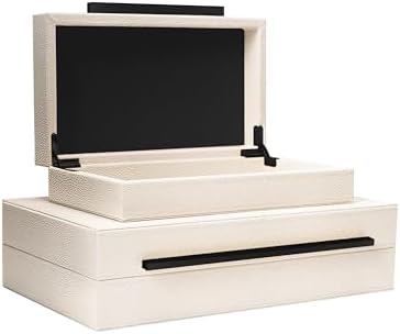 Sagala Set of 2 Beige Shagreen Decorative Boxes With Black Metal Handles, Faux Leather Jewelry Boxes Modern Storage Boxes Photo Boxes Memory Boxes Home Organizer (Beige-Black Handle) - Image 4