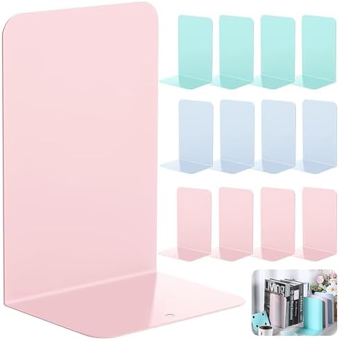 Beeveer 6 Pairs Metal Bookends for Shelves Office Library, Macaron Colors by Beeveer