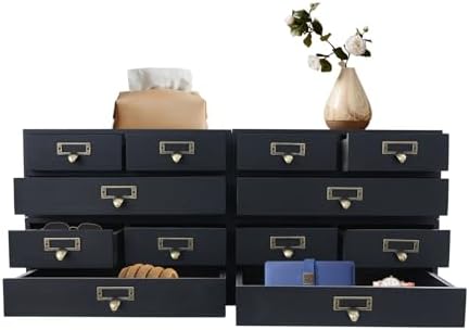 4-Pack Wooden Storage Box with 3 Drawers, Vintage Desktop Organizer Apothecary Cabinet Stackable Drawers with Label Holders for Herb Storage, Tea Collection, Stationery by Uphilltool